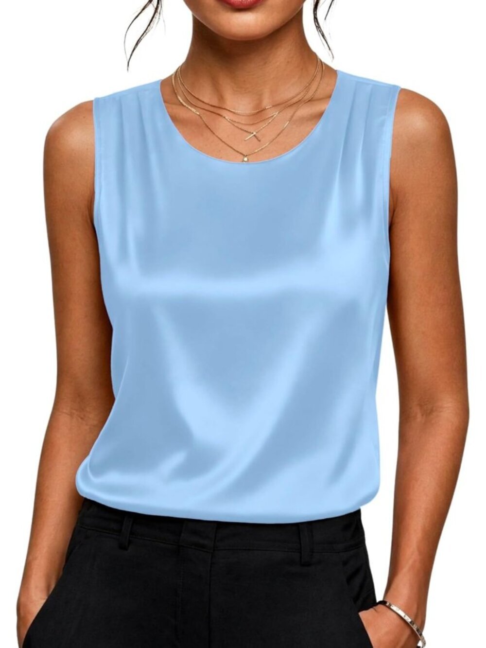 Women's Blue Sleeveless Crew Neck Silk Satin Imported Casual Tops Tank Top